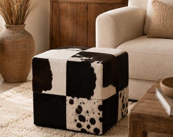 Großer quadratischer Ottomanen-Pouf aus Rindsleder, handgefertigt aus echtem Leder, Fußhocker, Bodenkissen, Eingangsbank, unbefüllt