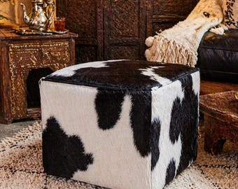 Cowhide Pouf Ottoman – Genuine Leather Cow Hide Footstool, Boho Floor Cushion, Rustic Home Decor, Handmade Leather Pouf