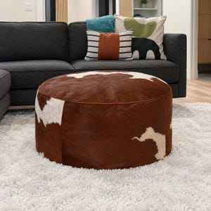 Handmade Round Moroccan Cowhide Leather Pouf, Rustic Leather Ottomans, Hair-On Patchwork Floor Seating, Black & White Cowhide Footstool
