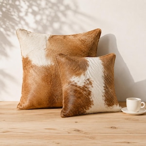 Kussensloop van koeienhuid, bruin en wit sierkussen van leer met vacht, kussen van echt leer, landelijke westernstijl decoratie, cadeau voor haar