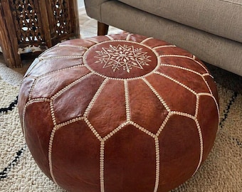 Handmade Moroccan Leather Pouf, Genuine Natural Leather Ottoman, Boho Home Decor Footstool, Artisan Floor Cushion, brown leather pouffe
