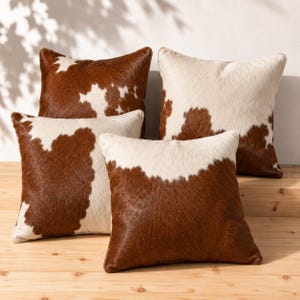 Bruine kussensloop van koeienhuid, bruin en wit sierkussen van leer met vacht, echt leren kussen, landelijke westernstijl decoratie, cadeau voor haar