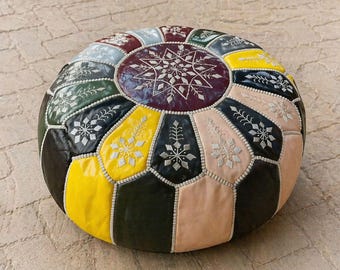 Pouf ottomano marocchino in pelle fatto a mano, pouf ottomano rotondo in pelle, pouf ottomano in pelle, pouf cuir, sgabello ottomano, pouf tecnologico elegante