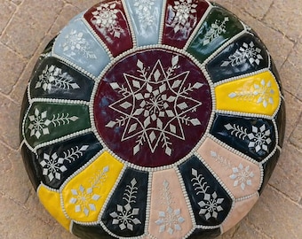 Puf marroquí de cuero hecho a mano, puf redondo de cuero, cojín de suelo estilo bohemio, regalo artesanal para inauguración de casa, taburete otomano, puf moderno y elegante.