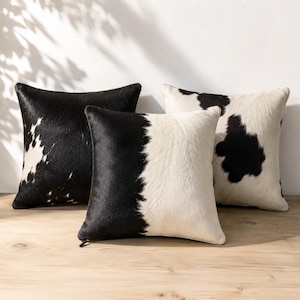 Kussenhoes van koeienhuid, zwart-wit sierkussen van leer met vacht, kussenhoes van echt leer, westerse woondecoratie, cadeau voor een housewarming