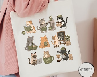 Catpuccino Coffee Tote Bag, Cat Mom Cafe Tote, Espresso Fan Gift, Kawaii Barista Kitty Tote, Coffee Addict Gift, Cute Feline Book Tote Bag