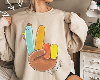 Peace Sign Turkey Sweatshirt, Thankful Sweatshirt, Thanksgiving Day Hoodie, Thanksgiving Turkey Sweatshirt, Womens Thanksgiving Gifts