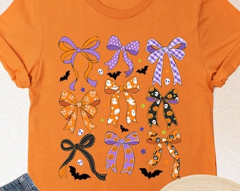 Bows Halloween Shirt, Coquette Bow Halloween Tee, Girly Halloween Gift, Spooky Season Shirt, Women Halloween Shirt, Pumpkin Halloween Shirts