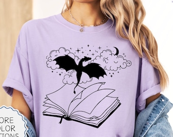 Comfort Colors® Open Book With Dragon Shirt, Fantasy Book Lover Gift, Dragon Lovers Shirt, Bookish Shirt, Librarian Gift, Bookworm Shirt