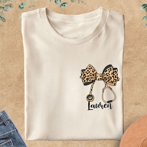 Custom Leopard Nurse Shirt, Personalized Coquette RN Tee, Nurse Gift, Stethoscope Bow Tee, Nurse Shirt, Nursing School, Registered Nurse Tee