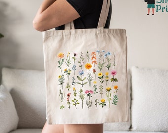 Floral Tote Bag, Wildflower Totes, Canvas Tote Bag, Shopping Bag, Gift For Women Totes, Birthday Gift Bag, Bridal Gift Tote Bag, Library Bag