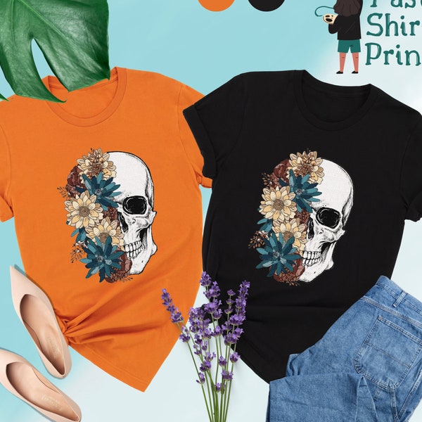 Bloom Skull Shirt, Halloween Shirt, Floral Skull Boho Graphic Tee, Skeleton Blooms Shirt, Womens Fall Shirt, Flower Skull Skeleton TShirt