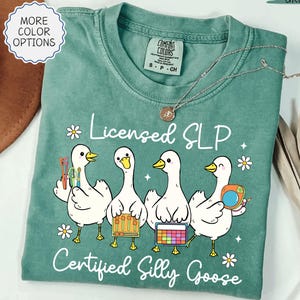 May include: Light green t-shirt with the text "Licensed SLP Certified Silly Goose" and a graphic of four white geese holding speech therapy tools. A silver necklace with a pendant is on the shirt.