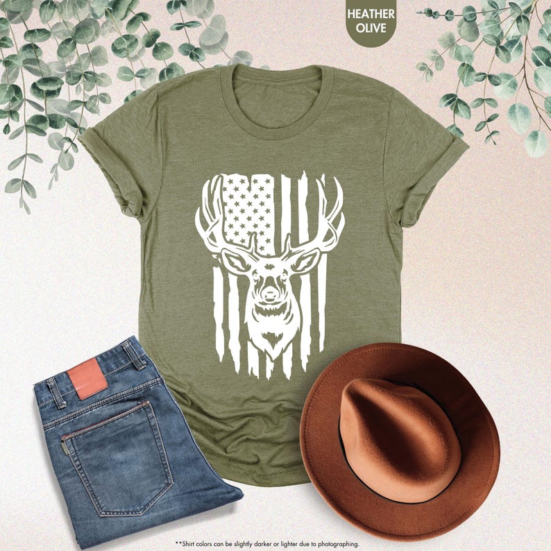 a t - shirt with an american flag and a deer head