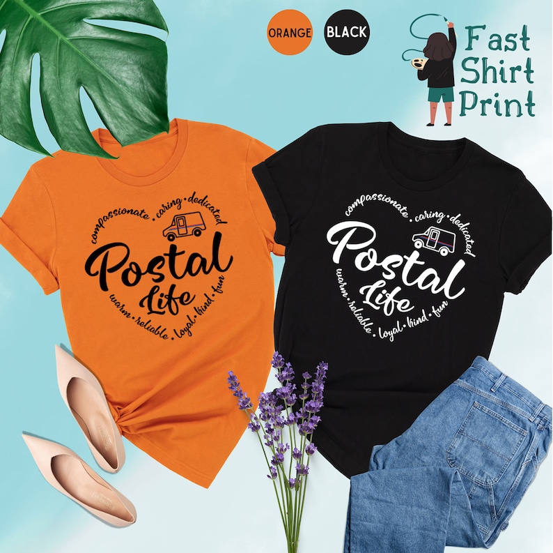 May include: Two t-shirts with a black and white graphic design of a postal truck and the text "Postal Life" with a list of adjectives describing the postal worker. The t-shirts are orange and black.
