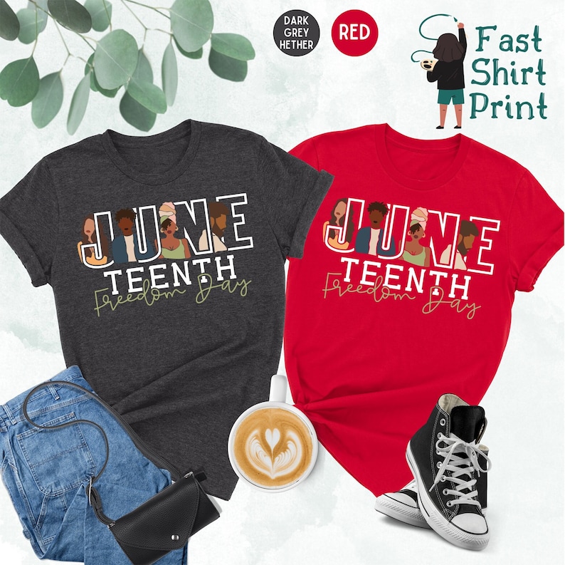 May include: Two t-shirts with the text "Juneteenth Freedom Day" printed on them. The shirts are in dark grey heather and red. The text is in white with a black outline. There are five stylized faces of people of color in the text.