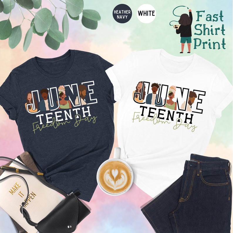May include: Two t-shirts with the text "Juneteenth Freedom Day" in black letters. The text is surrounded by illustrations of people of different skin tones. One t-shirt is heather navy and the other is white.