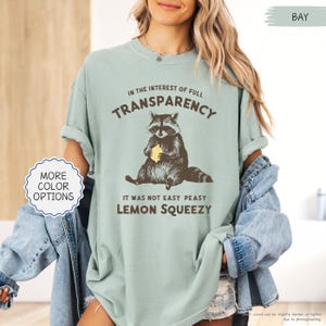 May include: A light green t-shirt with a raccoon graphic holding a lemon. The text on the shirt reads "IN THE INTEREST OF FULL TRANSPARENCY, IT WAS NOT EASY PEASY LEMON SQUEEZY". The shirt also has a "MORE COLOR OPTIONS" button.