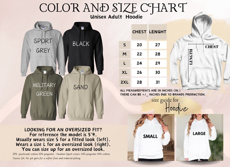 a women's hoodie is shown with measurements for the hoodie