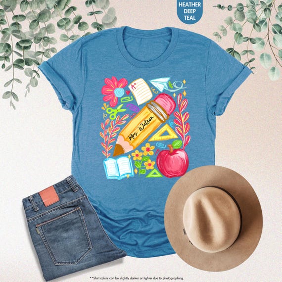 Custom Name Teacher Shirt, Back to School Teacher T-Shirt, Floral Teacher Tee, Pencil Teacher Shirt, 1st Day of School, Kindergarten Teacher