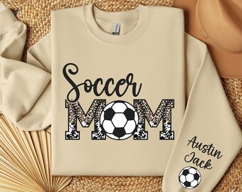 Custom Soccer Mom Sweatshirt, Mom With Name on Sleeve Sweater, Gift for Soccer Mom, Soccer Mama Hoodie, Game Day Sweater, Sports Mom Sweater