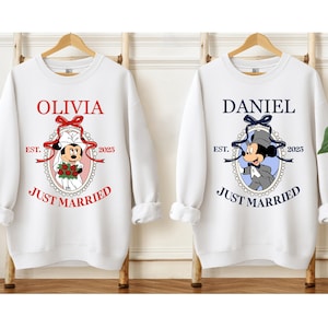 Personalized Just Married Sweatshirt or Hoodie, Disney Couple Matching Sweatshirt, Wife and Husband Honeymoon Hoodie, Newlywed Sweatshirt