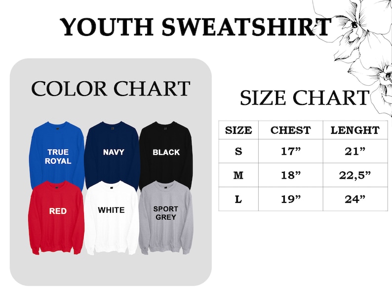 May include: Color chart for youth sweatshirts in true royal, navy, black, red, white, and sport grey. Size chart with chest and length measurements in inches for sizes S, M, and L.