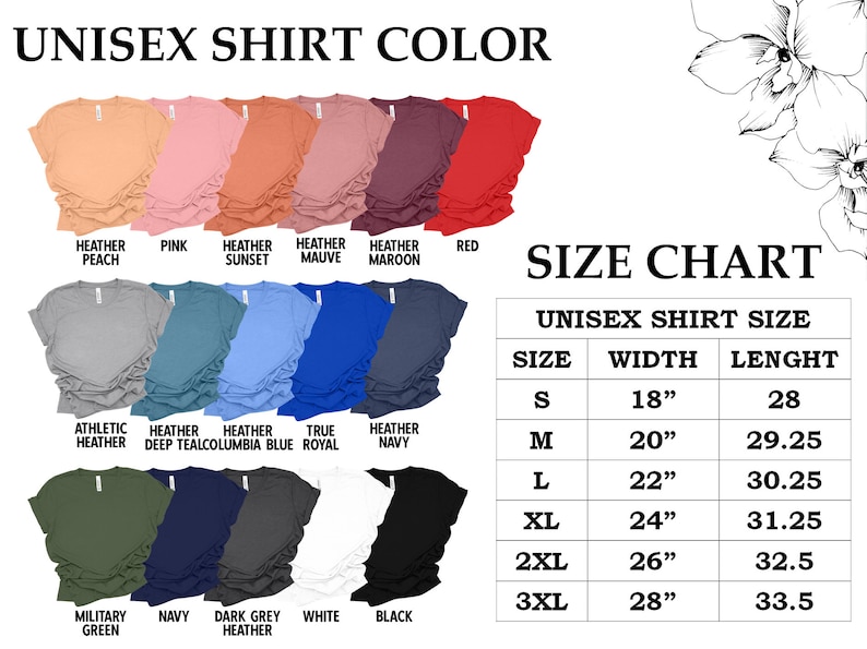 Unisex Shirt Color Chart and Size Chart