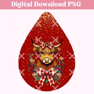 Coquette vache Highland Noël boucle d'oreille PNG Design, Noël vache noeud larme boucle d'oreille Sublimation Png, Noël vache boucles d'oreilles en téléchargement numérique