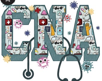 May include: A blue and white patterned design of the letters CNA with a stethoscope. The pattern includes medical symbols like a first aid kit, a syringe, and a thermometer.