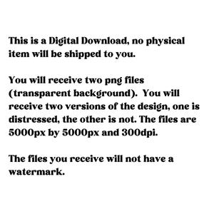 Op de afbeelding: Digitale download van twee 5000 x 5000 pixel PNG-bestanden, een met een distressed effect en een zonder, met een transparante achtergrond. De bestanden hebben een resolutie van 300 dpi en bevatten geen watermerk.