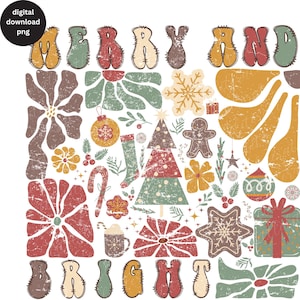 Op de afbeelding: Een kerstkaart in vintage stijl met de woorden "Merry and Bright" in een verweerd lettertype. De kaart is versierd met verschillende feestelijke elementen, waaronder sneeuwvlokken, sterren, bloemen, snoepstokken en een kerstboom.