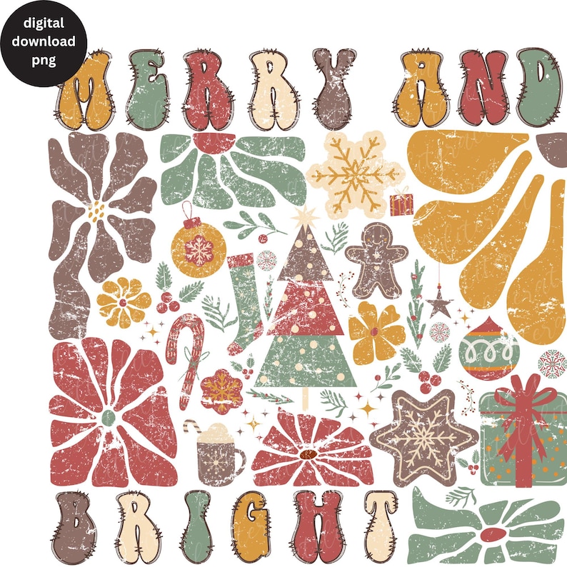 Op de afbeelding: Een kerstkaart in vintage stijl met de woorden "Merry and Bright" in een verweerd lettertype. De kaart is versierd met verschillende feestelijke elementen, waaronder sneeuwvlokken, sterren, bloemen, snoepstokken en een kerstboom.