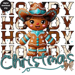 Navidad occidental PNG Hola Navidad Pan de jengibre PNG Diseño de sublimación Descargar Chica de jengibre Vaquera navideña PNG Piel de vaca Hola Texto