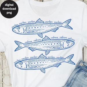 PNG di sardine alla moda, design di sublimazione di tre sardine, download digitale estetico del pescatore, borsa regalo di sardine in stile vintage PNG