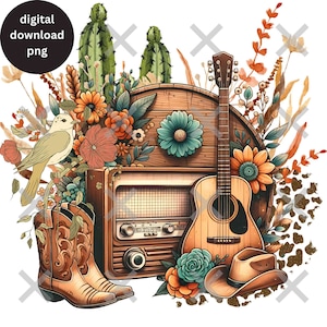 Guitarra Floral png, png occidental, amante de la música country, png sureño, descargas de diseños de sublimación, sublimación occidental, música country PNG