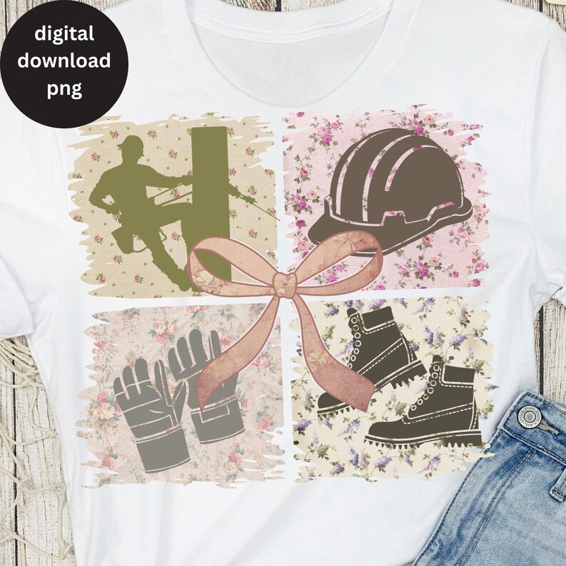 May include: A digital download of a graphic design featuring a lineman climbing a utility pole, a hard hat, work gloves, and boots. The design is set against a background of pink and white floral patterns.