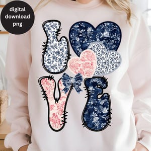 Blue Pink Toile Coquette Valentine PNG, Love Heart Bow Sublimation Design, Coquette Valentine Digital Download, Chinoiserie Valentine Hearts