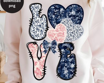 Blue Pink Toile Coquette Valentine PNG, Love Heart Bow Sublimation Design, Coquette Valentine Digital Download, Chinoiserie Valentine Hearts