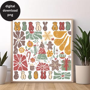 Op de afbeelding: Een digitale print met een witte achtergrond met de woorden "Merry and Bright" in een retro lettertype. De woorden worden omringd door verschillende kerstthema-illustraties, waaronder een kerstboom, kerstversiering, sneeuwvlokken, snoepstokken en bloemen. De illustraties zijn in tinten rood, groen, geel en bruin.
