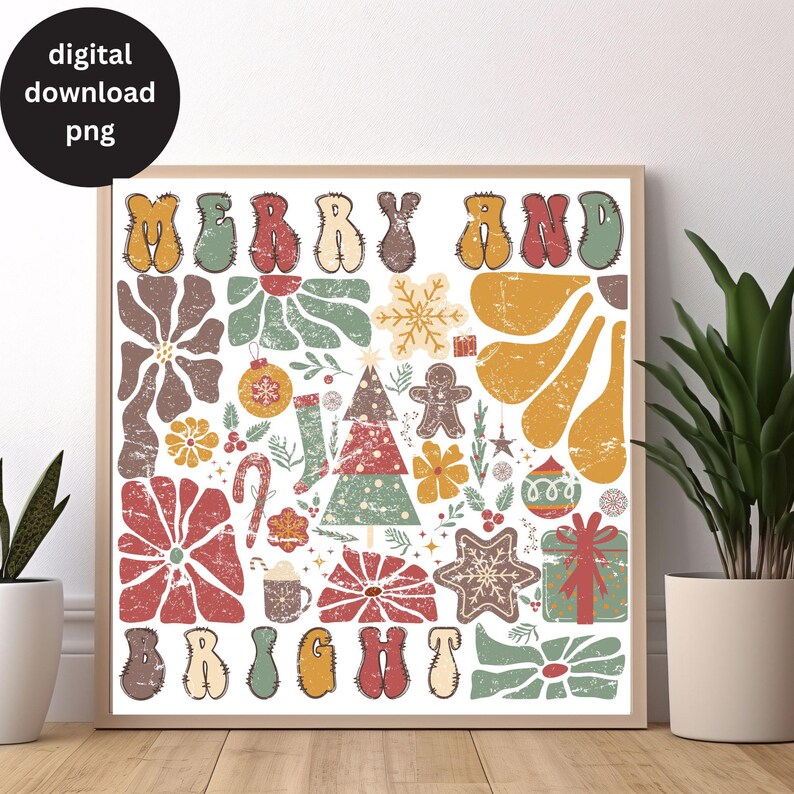 Op de afbeelding: Een digitale print met een witte achtergrond met de woorden "Merry and Bright" in een retro lettertype. De woorden worden omringd door verschillende kerstthema-illustraties, waaronder een kerstboom, kerstversiering, sneeuwvlokken, snoepstokken en bloemen. De illustraties zijn in tinten rood, groen, geel en bruin.