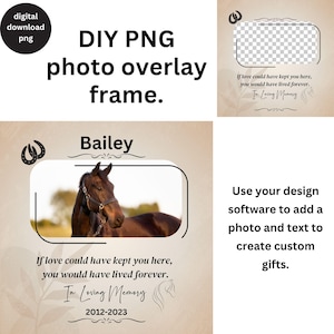 Cadre photo commémoratif cheval bricolage PNG personnalisé cadeau souvenir équin Design personnalisé deuil perte téléchargement numérique modèle de superposition de photo