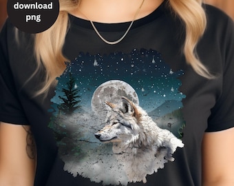 Camiseta gráfica vintage de lobo de los años 90 PNG, camiseta retro de amantes del lobo PNG, diseño de camiseta de luna natural de los años 2000, lobos PNG, lobo vintage retro png