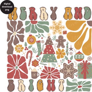 Op de afbeelding: Een kleurrijke kerst-illustratie met de woorden "Vrolijk en stralend" in een retro-stijl. De afbeelding bevat een verscheidenheid aan feestelijke elementen, waaronder een kerstboom, kerstversiering, sneeuwvlokken, snoepstokken en bloemen.
