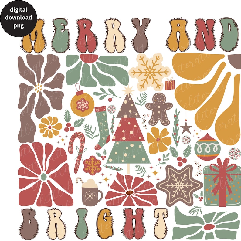 Op de afbeelding: Een kleurrijke kerst-illustratie met de woorden "Vrolijk en stralend" in een retro-stijl. De afbeelding bevat een verscheidenheid aan feestelijke elementen, waaronder een kerstboom, kerstversiering, sneeuwvlokken, snoepstokken en bloemen.