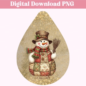 May include: A digital download PNG image featuring a snowman with a brown top hat, scarf, and patchwork outfit. The snowman holds a broom and has a carrot nose. The background is a gold glitter effect, and the text "TIS THE SEASON" is at the bottom.