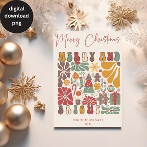 Op de afbeelding: Een kerstkaart met een witte achtergrond en kleurrijke illustraties van bloemen, ornamenten, snoepstokken en een peperkoekman. De tekst "Merry Christmas Merry and Bright" is geschreven in een feestelijk lettertype. De kaart bevat ook de tekst "From the Willson Family 202XX".