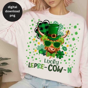 Highland Cow St. Patrick's Day Png, Lucky Cow Png, Funny Cow Pun Png, St. Patrick's Day Png, Highland Cow Heifer Png, Plaid Shamrocks Png