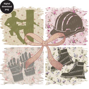 May include: A digital download of four images featuring a lineman climbing a pole, a hard hat, work gloves, and work boots. The images are set against a floral background with a pink ribbon bow.