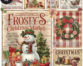Colección de carteles navideños vintage PNG, diseño de sublimación de carteles navideños retro, señalización navideña tradicional en rojo y verde, lazo navideño coqueto